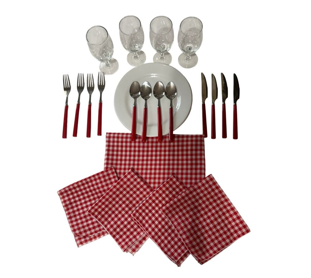 Picnic Red Gingham Glass Goblets, Plst Plates, Silverware, TableCloth, Napkins